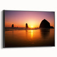 Black and white framed canvas of Cannon Beach, Oregon, featuring a vintage landscape art style, ideal for bedroom decor.