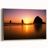 Framed canvas of Cannon Beach, Oregon, with a vintage poster style and a gold frame, ideal for bedroom wall art.