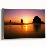 Framed canvas landscape art painting of Cannon Beach, Oregon featuring muted earth tones, ideal for a living room or office.