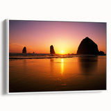 Vintage poster art depicting Cannon Beach, Oregon, in colorful hues on a large framed canvas, ideal for living room decor.