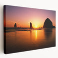 Large art print of Cannon Beach, Oregon, featuring muted earth tones on stretched canvas, ideal for kitchen wall art.