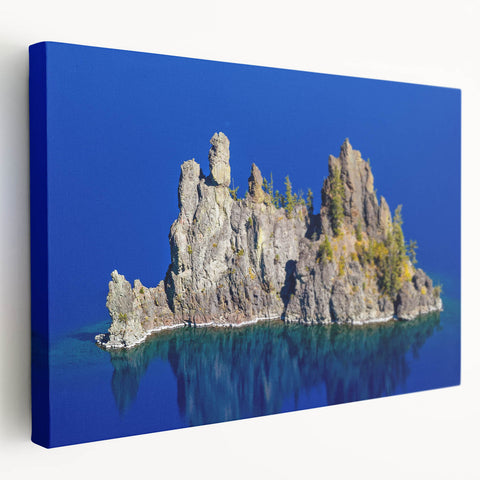 Crater Lake, Oregon, depicted in cool blue and white tones on a large stretched canvas, ideal for kitchen wall art.