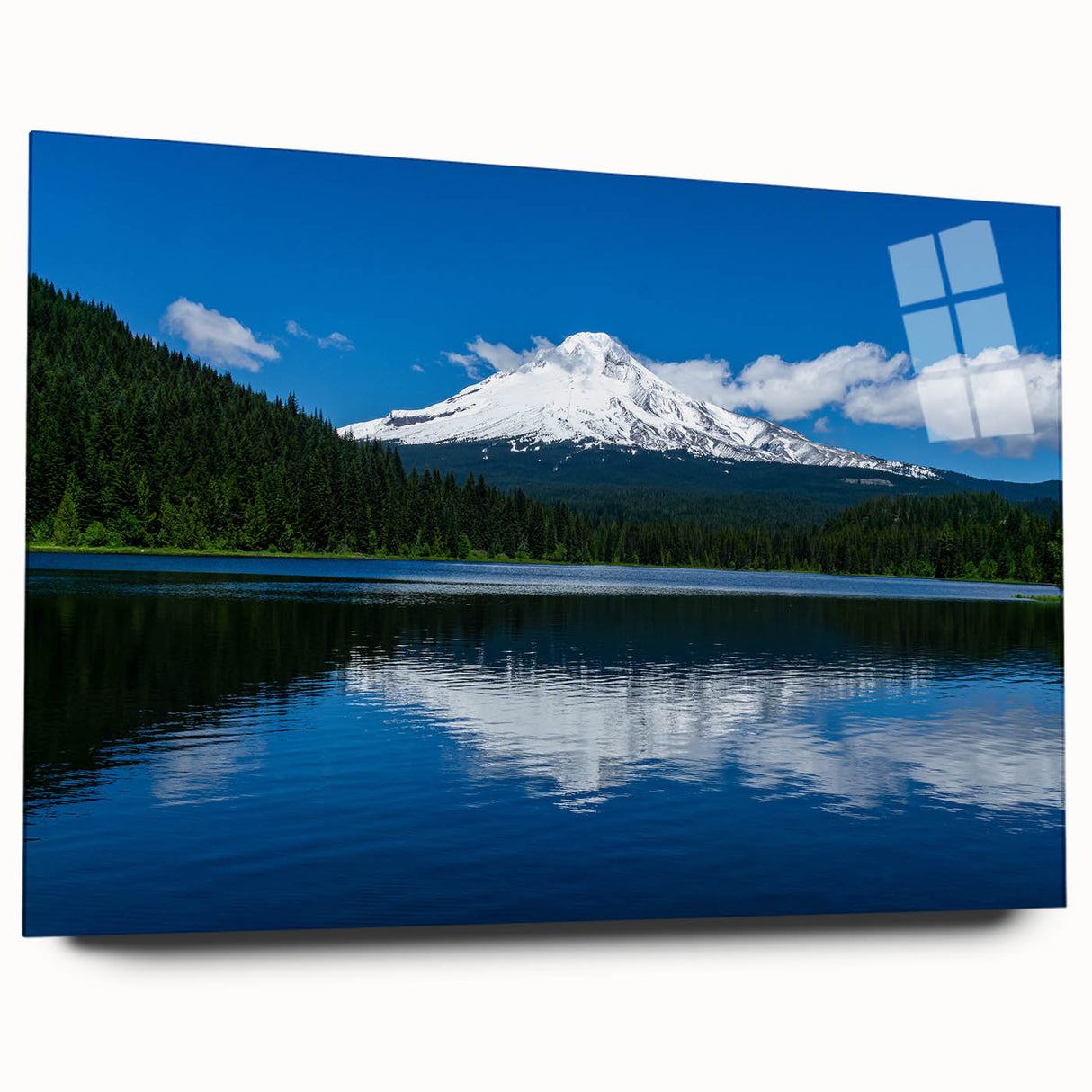 Acrylic print of Mount Hood, Oregon in muted blue and green shades, ideal for bedroom or dining room art.