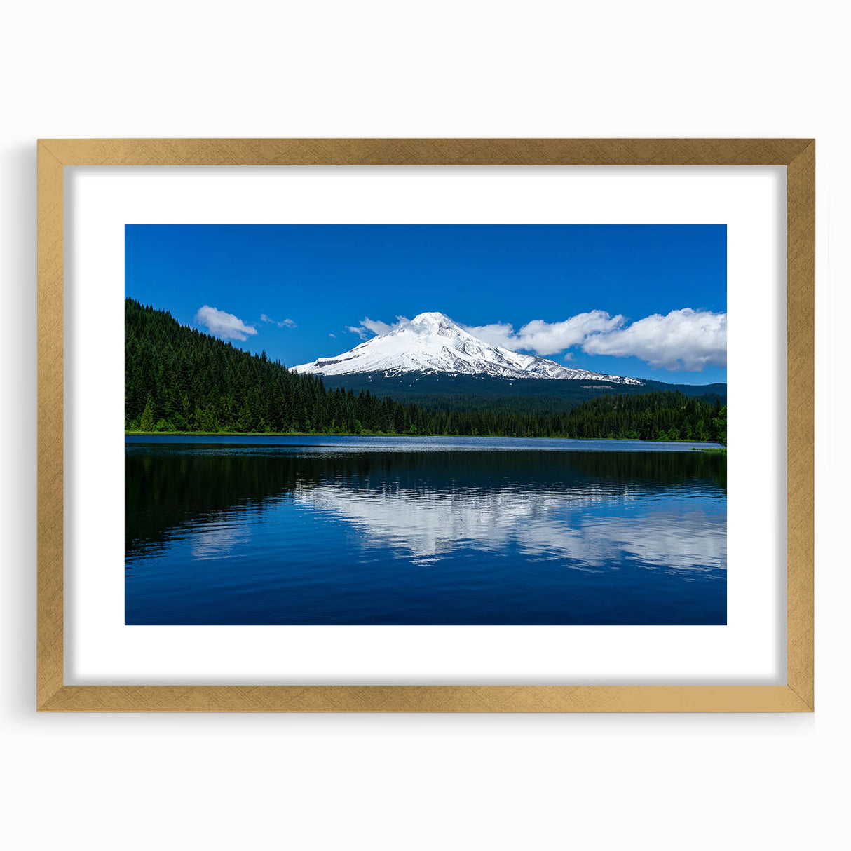 Extra large wall art featuring a textured abstract print of Mount Hood, Oregon in muted earth tones, framed in gold.