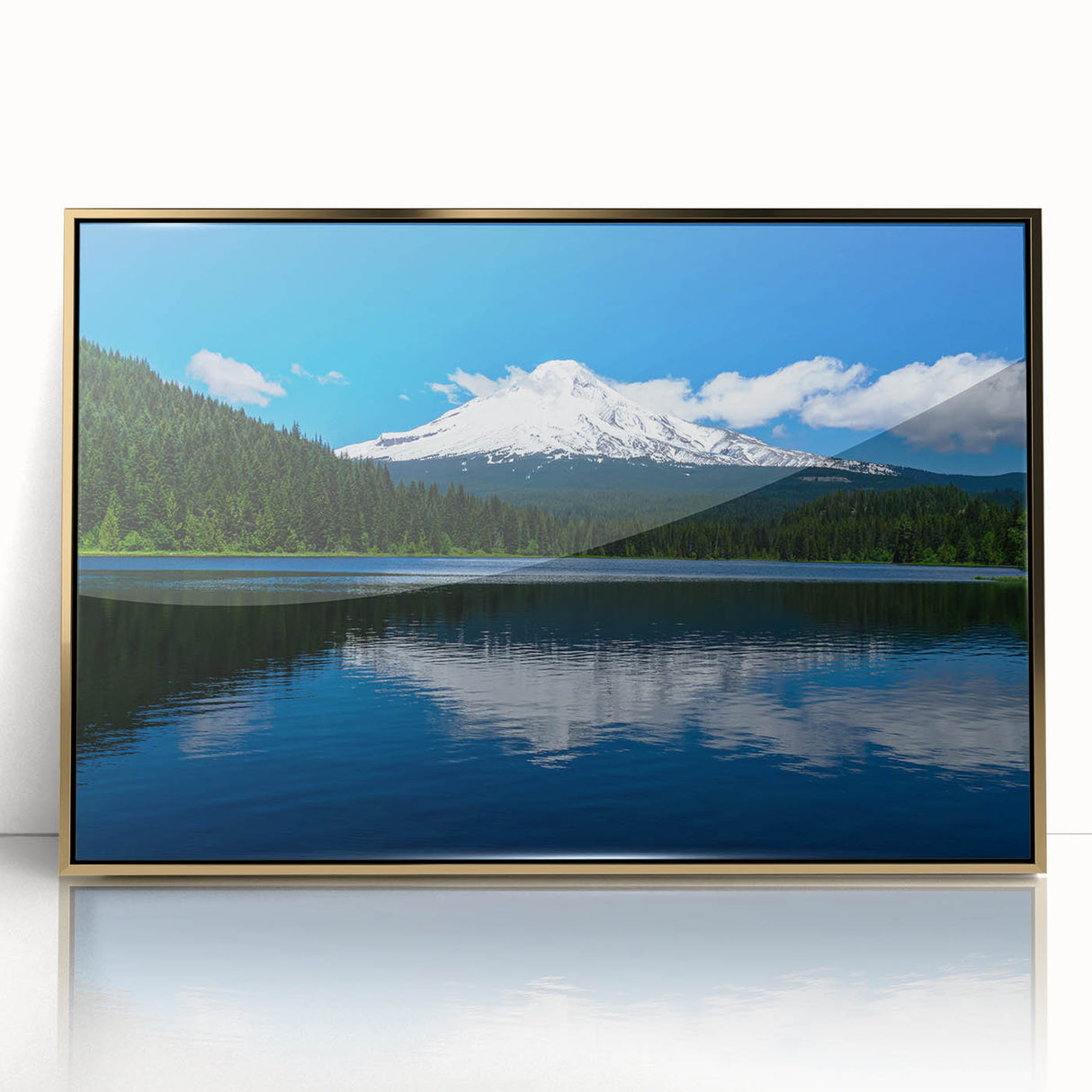 Large art print of Mount Hood, Oregon in muted earth tones on a framed acrylic panel, suitable for modern art wall decor.