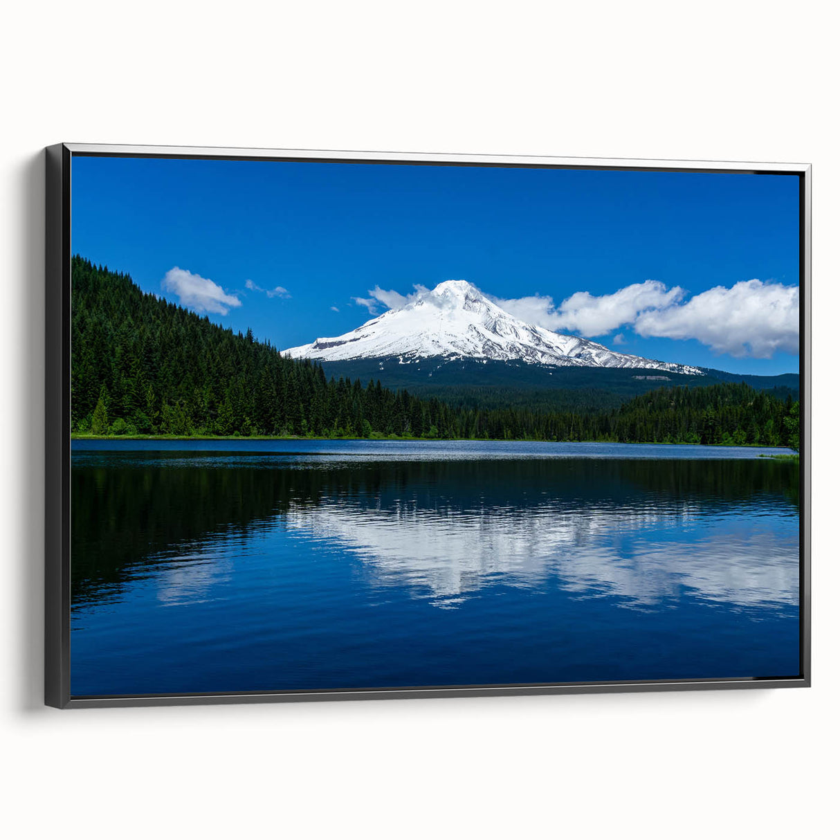 Black and white framed canvas of Mount Hood, Oregon, in a vintage poster style, suitable for bedroom wall decor.