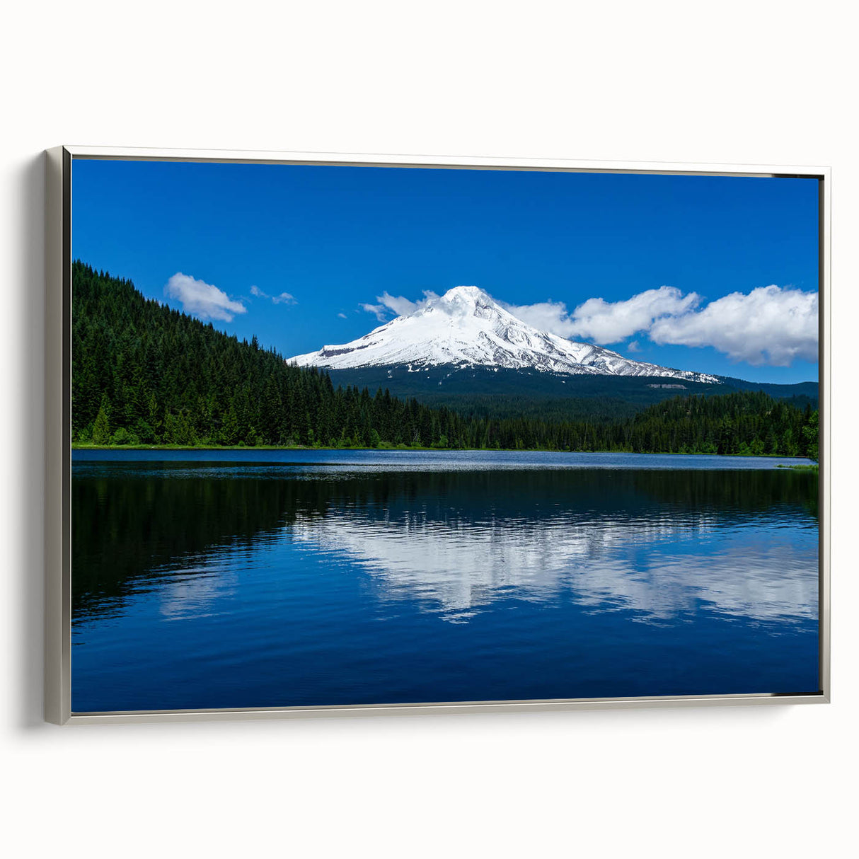 Framed canvas of Mount Hood in Oregon, featuring a vintage poster style with a palette of muted earth tones.