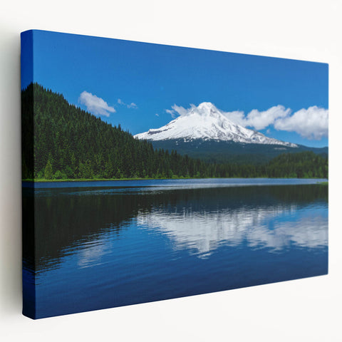 Large art print of Mount Hood, Oregon on stretched canvas with vivid blue and green tones, ideal for kitchen wall art.