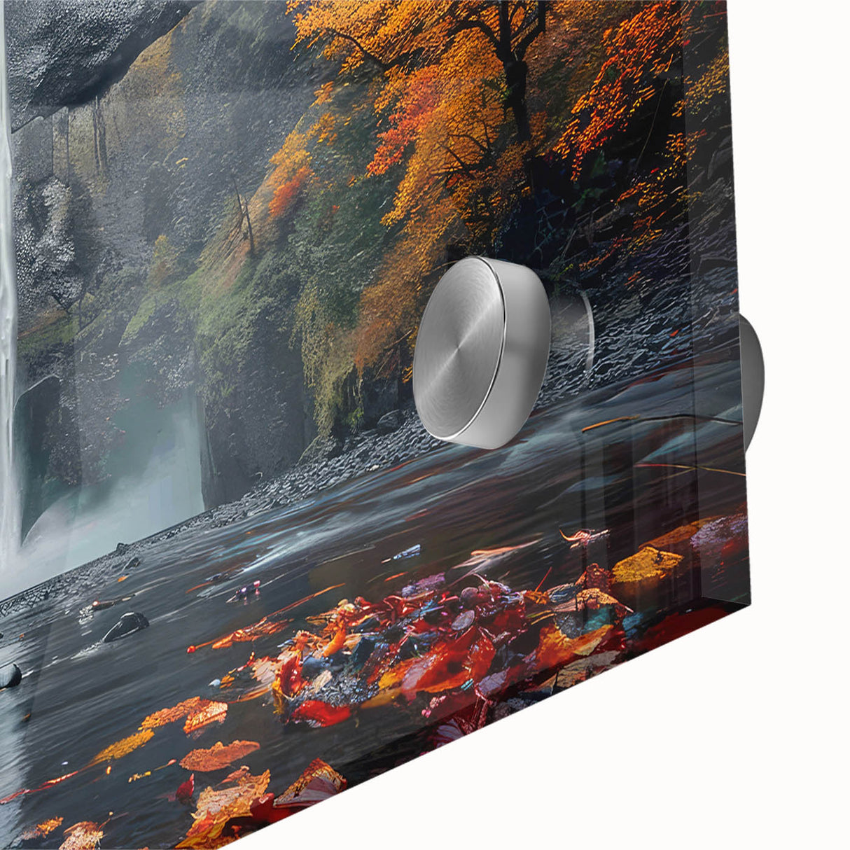 Acrylic print of Multnomah Falls in muted green and blue tones, ideal for dining room art in a mid-century modernist style.