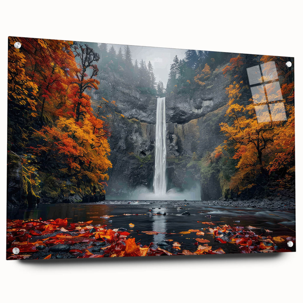 Acrylic print of Multnomah Falls in Oregon, featuring vibrant green and blue tones, suitable for dining room decor.
