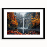 Extra large framed print of Multnomah Falls in vibrant, colorful hues, ideal for living room decor.