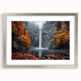 Textured art print of Multnomah Falls in muted green and gray tones on a framed canvas, suitable for bedroom decor.