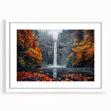 Abstract art print of Multnomah Falls in muted green and blue tones on a white-framed mat, suitable for dining room decor.