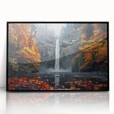 Large abstract wall art depicting Multnomah Falls in muted green and blue tones, framed in black acrylic.