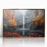 Acrylic print of Multnomah Falls with a gold frame, featuring earthy green and blue colors, ideal for modern art wall decor.