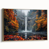 Framed canvas depicting Multnomah Falls in Oregon, featuring a vintage poster style with a black and gold color palette.
