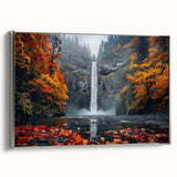 Framed canvas of Multnomah Falls in Oregon, featuring a vintage-style landscape with vibrant green and blue tones.