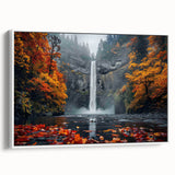 Vintage poster art of Multnomah Falls in Oregon, featuring a colorful palette on a framed canvas.