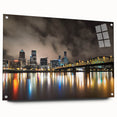 Acrylic print of a large abstract depiction of Portland, Oregon in vibrant blues and greens.