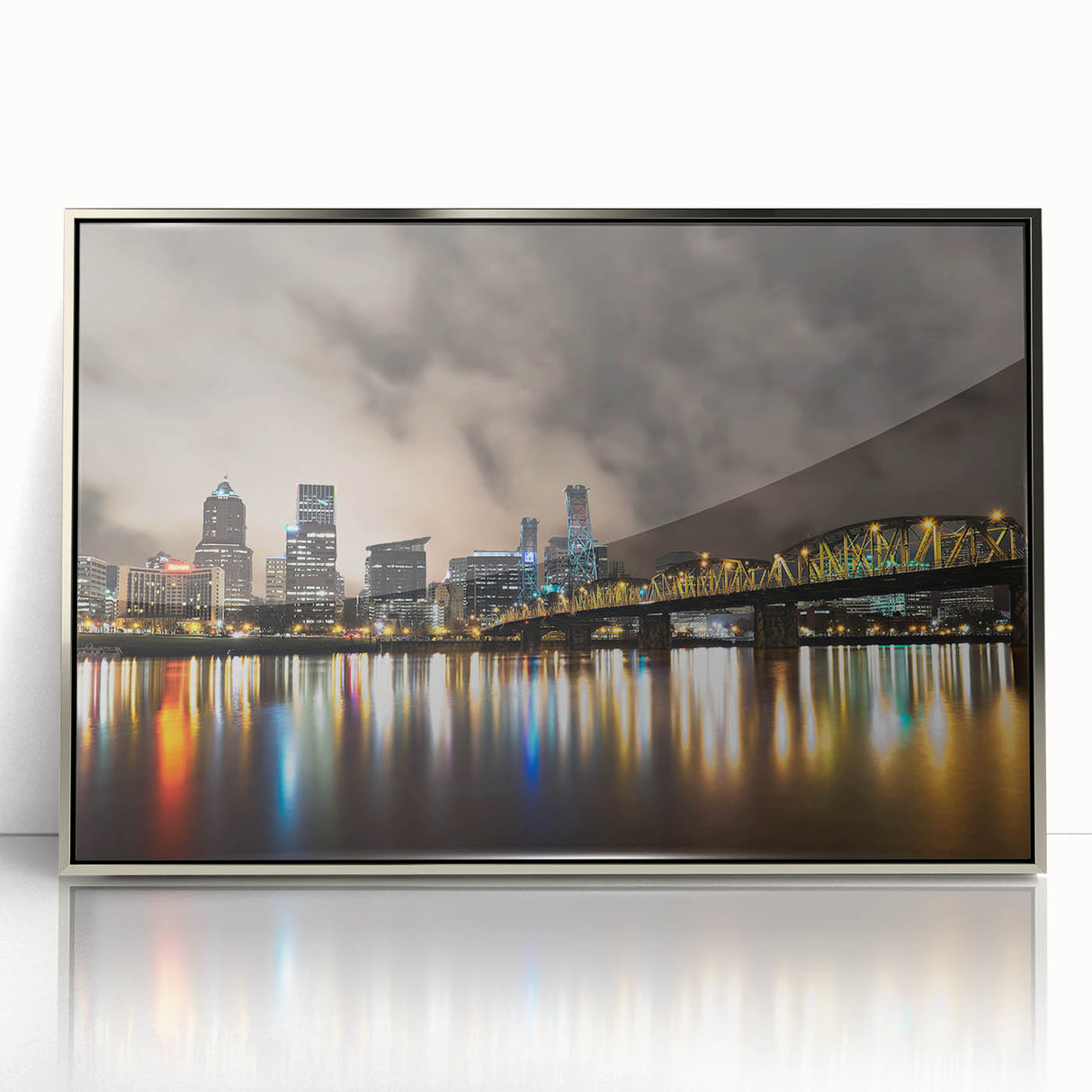 Mid-century modernist depiction of Portland, Oregon scenery on a silver-framed acrylic print.