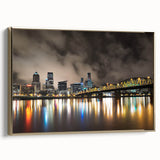 Framed canvas of a vintage-style Portland, Oregon landscape in muted gold and black tones, ideal for bedroom wall art.