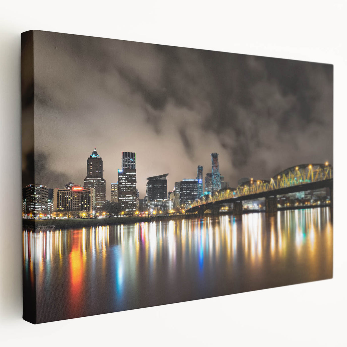 Portland, Oregon skyline in muted gray tones on a large stretched canvas, suitable for kitchen wall art.