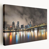 Portland, Oregon skyline in muted gray tones on a large stretched canvas, suitable for kitchen wall art.
