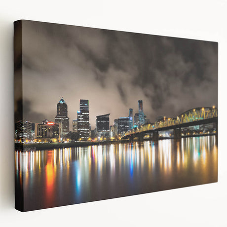 Portland, Oregon skyline in muted gray tones on a large stretched canvas, suitable for kitchen wall art.