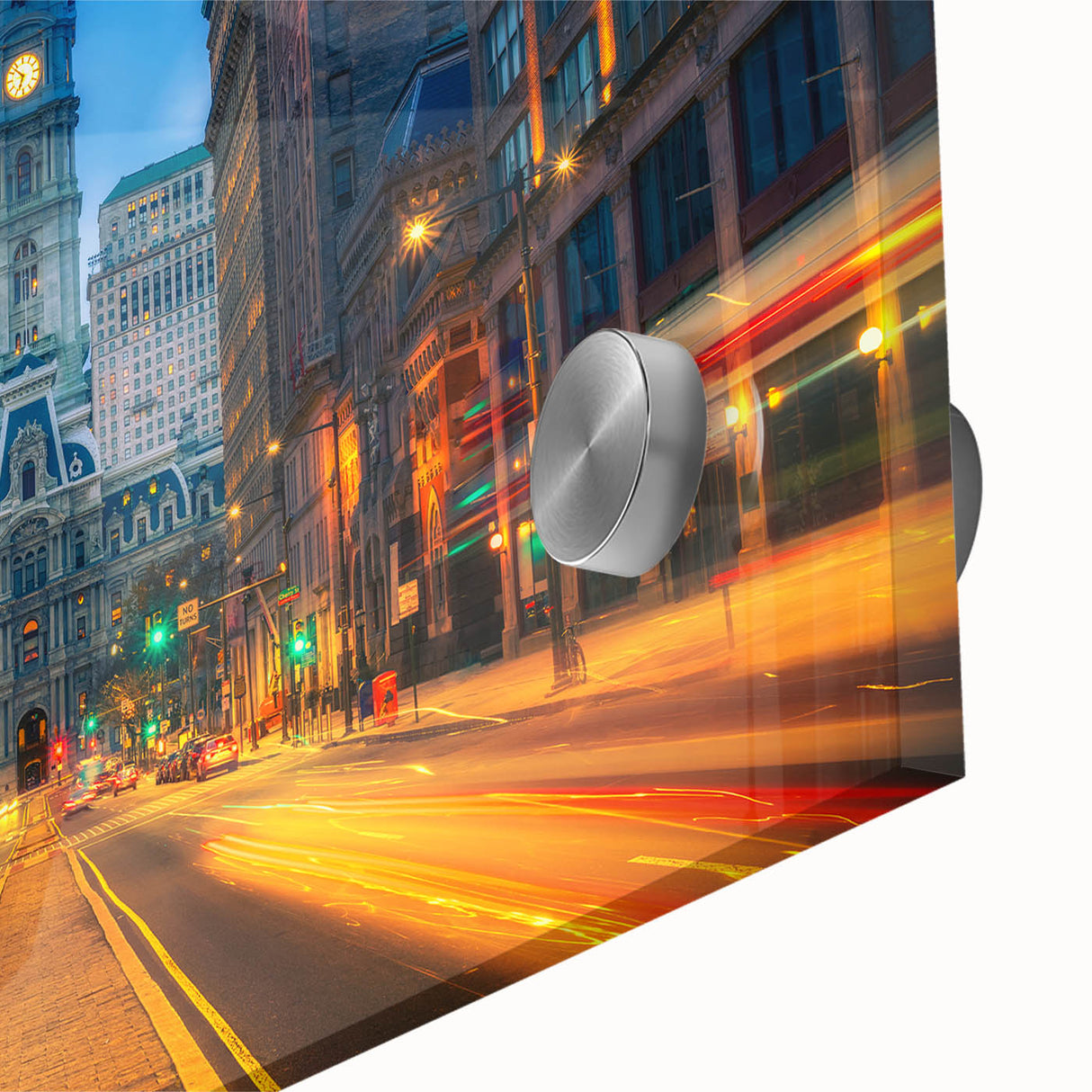 Large abstract wall art of Philadelphia skyline in muted gray tones on acrylic glass, ideal for dining room decor.