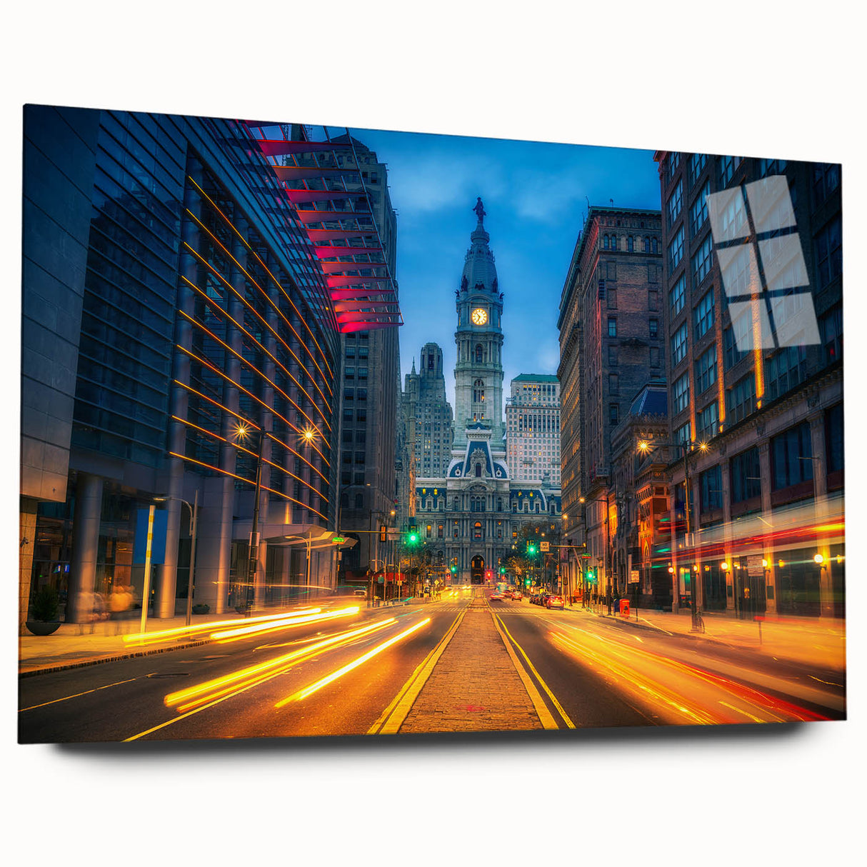 Large abstract wall art of Philadelphia skyline in muted blue tones on acrylic glass, ideal for bedroom or dining room decor.