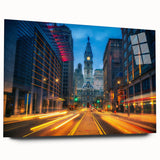 Large abstract wall art of Philadelphia skyline in muted blue tones on acrylic glass, ideal for bedroom or dining room decor.