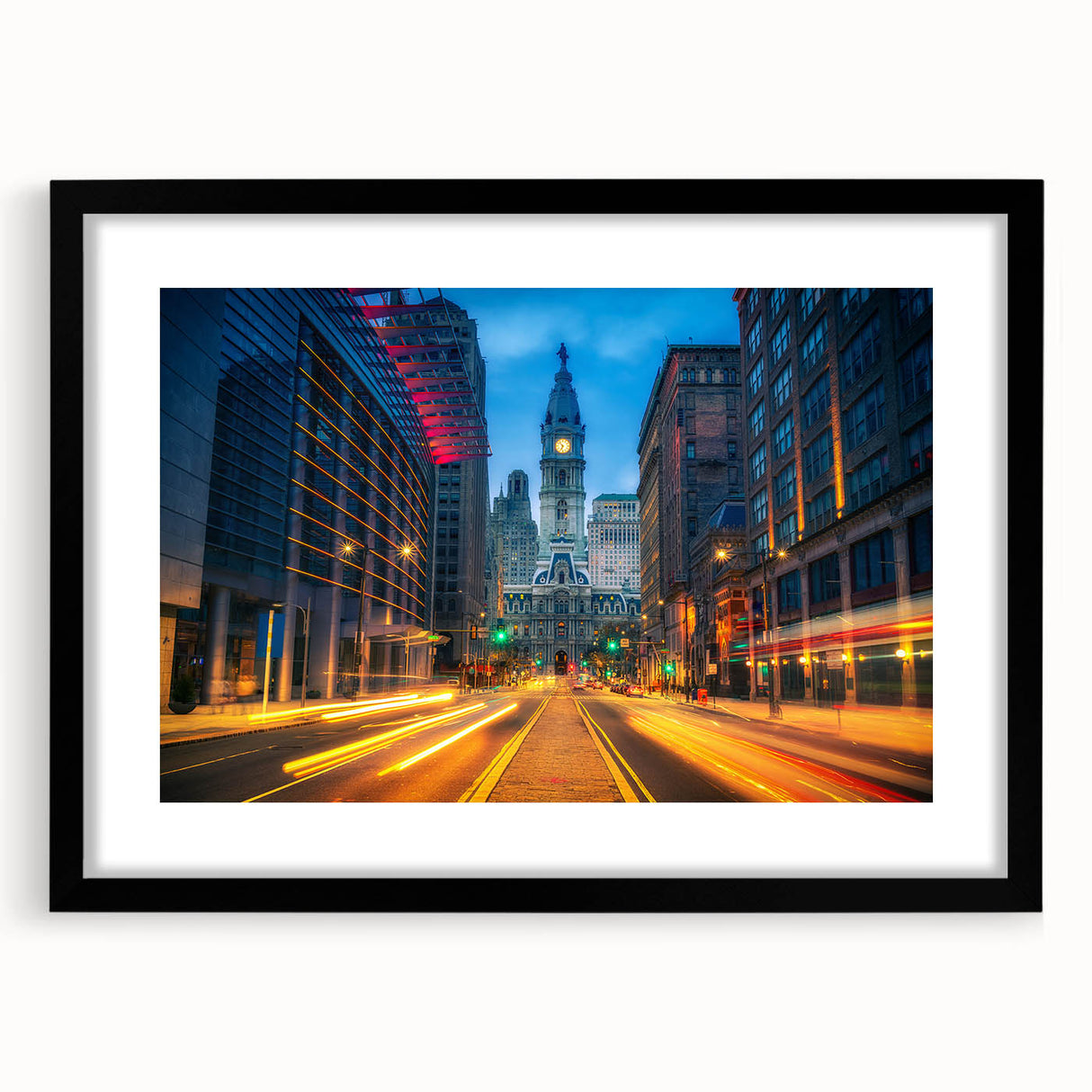 Colorful abstract art print of Philadelphia skyline in vibrant hues on a large framed canvas, suitable for living room decor.