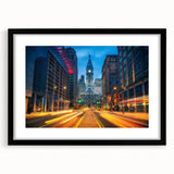 Colorful abstract art print of Philadelphia skyline in vibrant hues on a large framed canvas, suitable for living room decor.