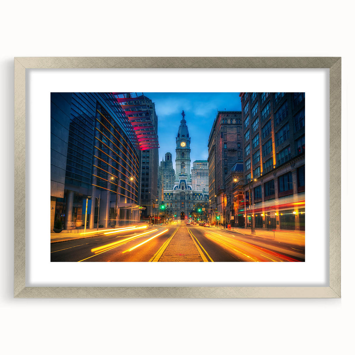 Textured abstract art print of Philadelphia skyline in muted gray tones on a framed silver mat, suitable for bedroom decor.