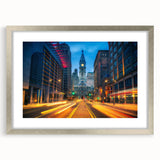 Textured abstract art print of Philadelphia skyline in muted gray tones on a framed silver mat, suitable for bedroom decor.