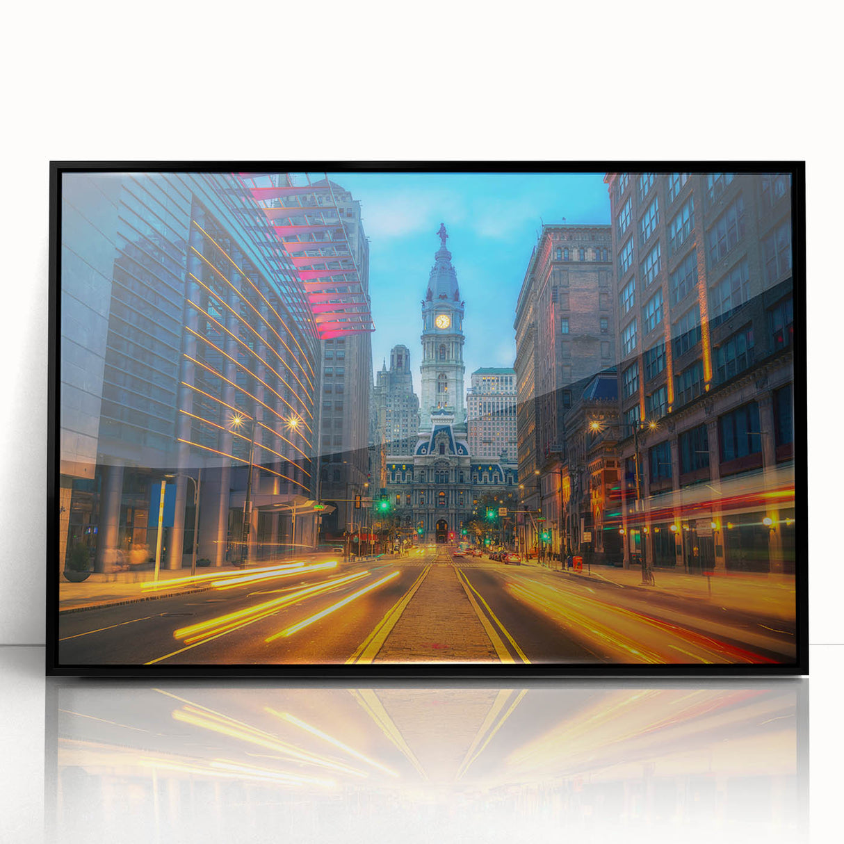 Large abstract wall art depicting the Philadelphia skyline in muted earth tones on a framed acrylic print.