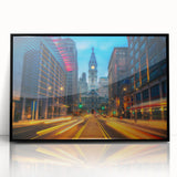Large abstract wall art depicting the Philadelphia skyline in muted earth tones on a framed acrylic print.