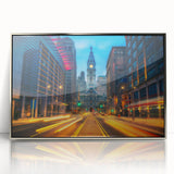 Framed acrylic print of Philadelphia skyline in pastel shades, ideal for nursery wall art in a mid-century modernist style.