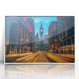 Art deco poster of Philadelphia skyline in muted gray and blue tones, framed acrylic, perfect for modern nursery wall art.