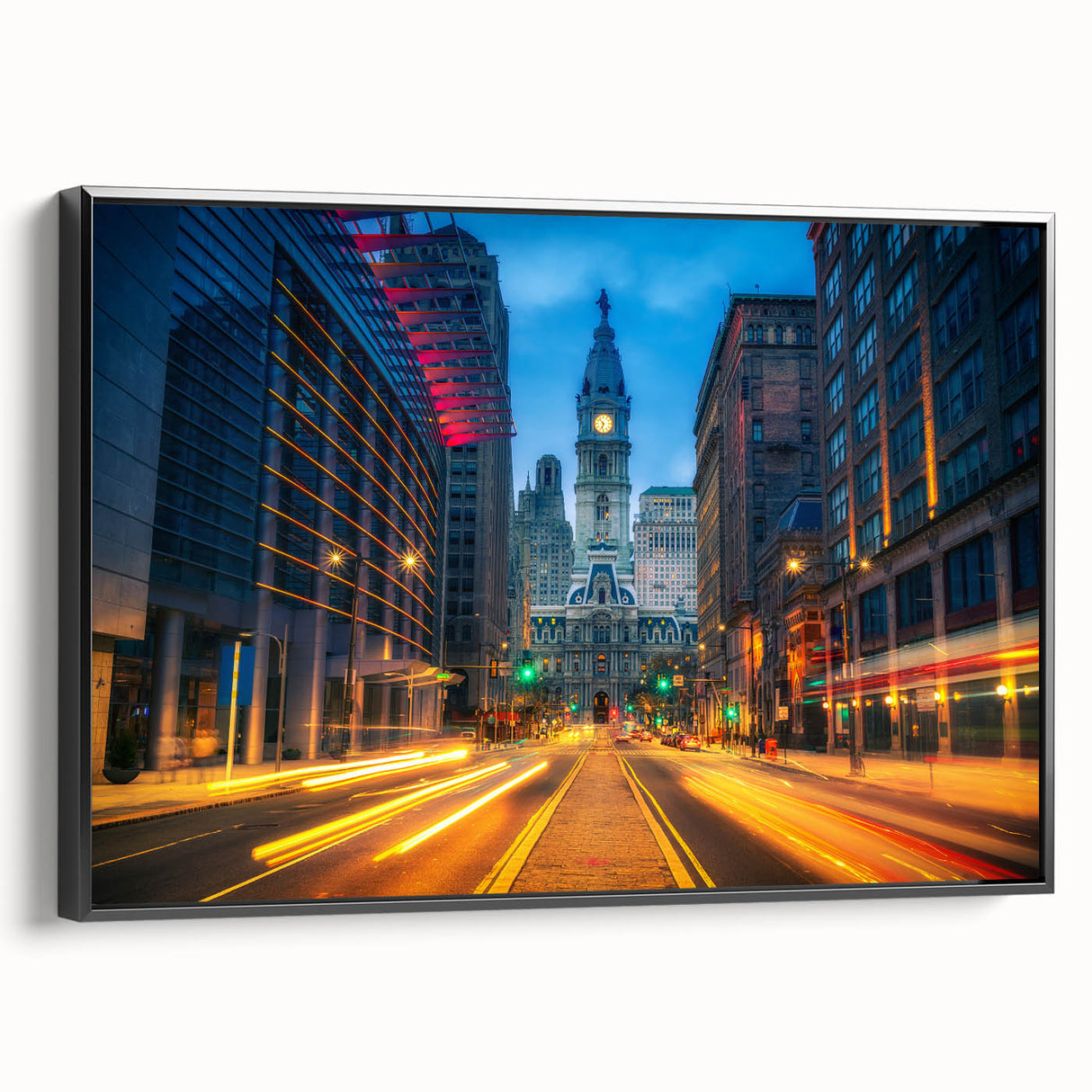Black and white framed canvas of Philadelphia landscape, ideal for bedroom wall art with a vintage poster style.