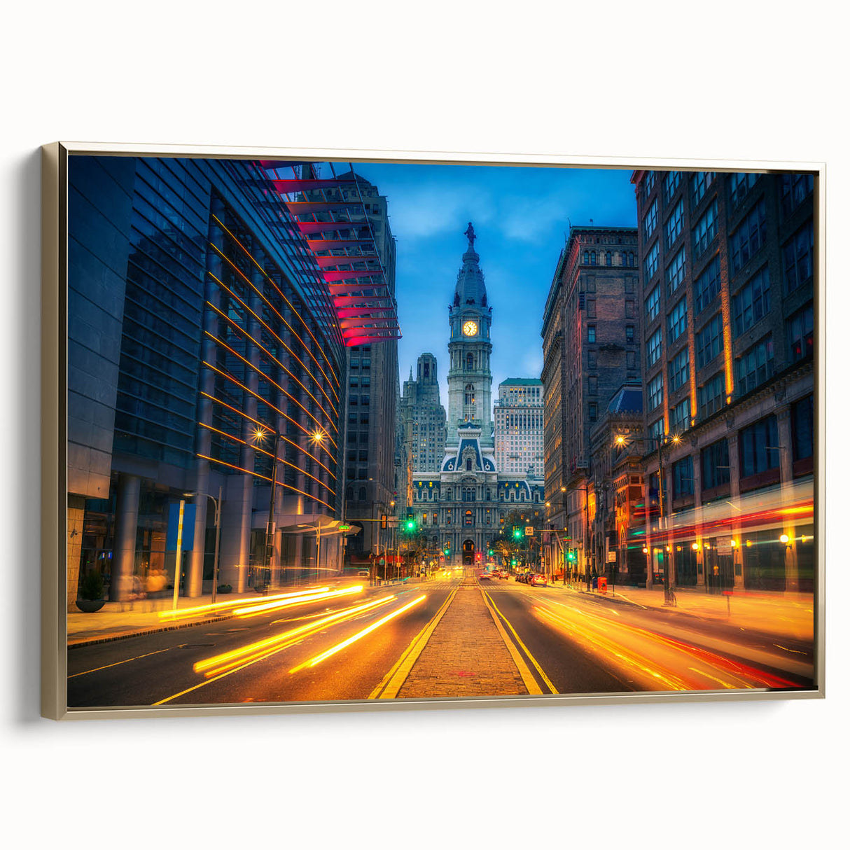 Framed canvas of Philadelphia landscape with vintage poster art style in black and gold, ideal for bedroom wall art.
