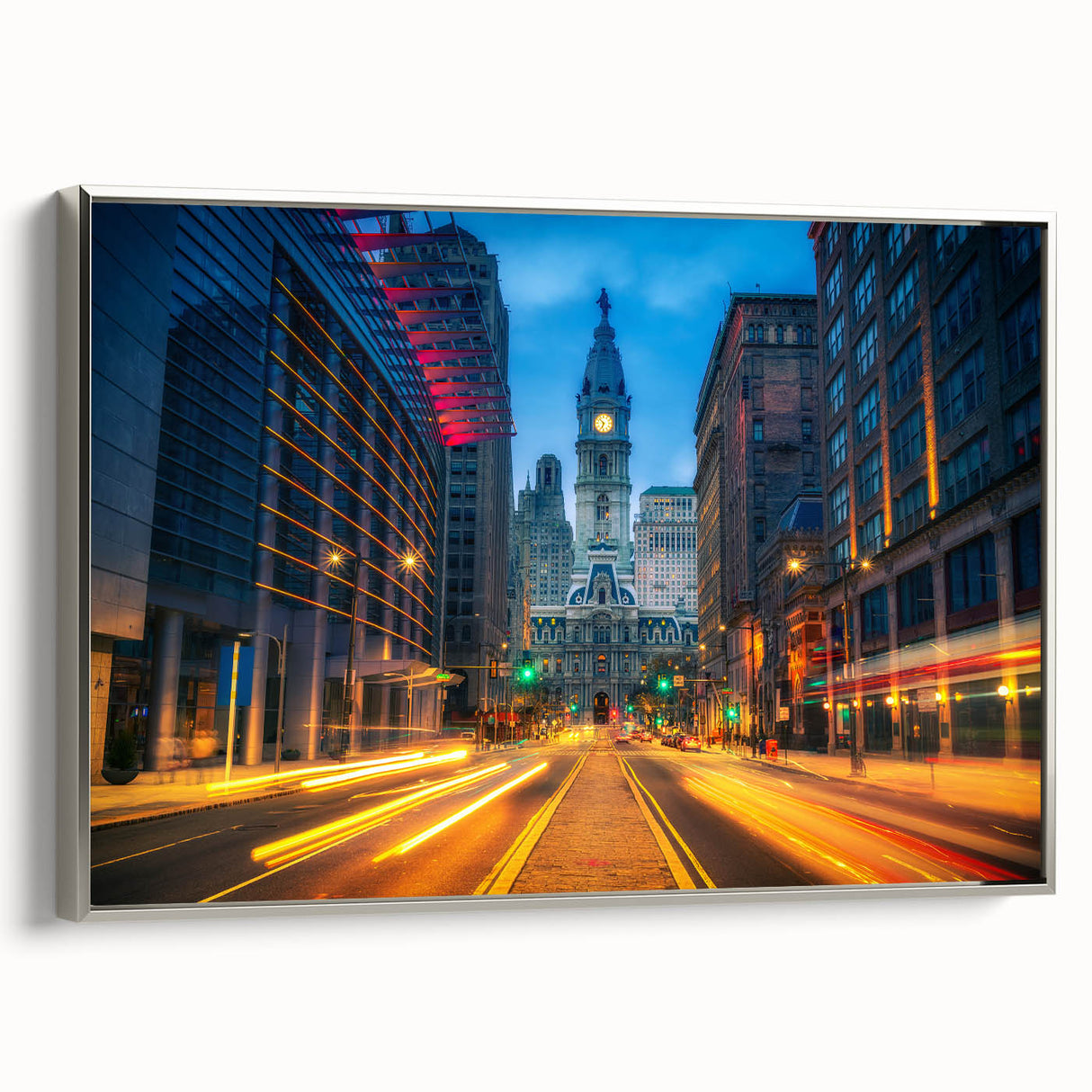 Framed canvas of a vintage-style Philadelphia landscape painting in colorful hues, ideal for enhancing a living room decor.