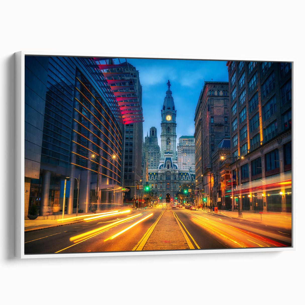 Vintage poster art of Philadelphia skyline in colorful hues on a large framed canvas, suitable for living room decor.