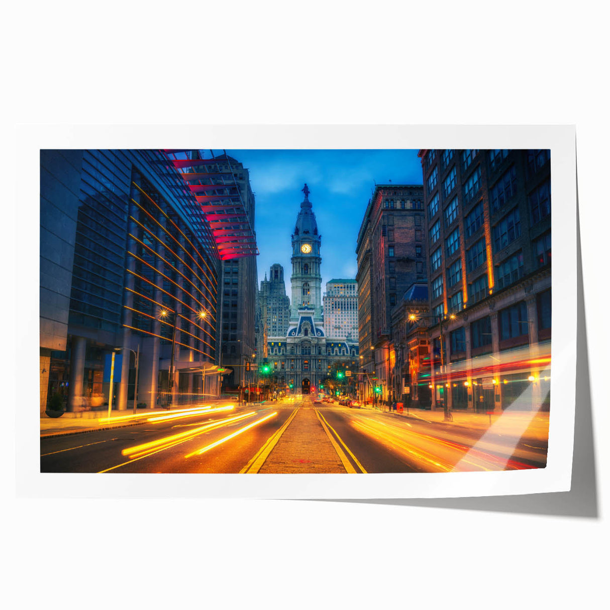 Philadelphia skyline in muted blue and gray tones on a rolled canvas, ideal for art wall dining room decor.