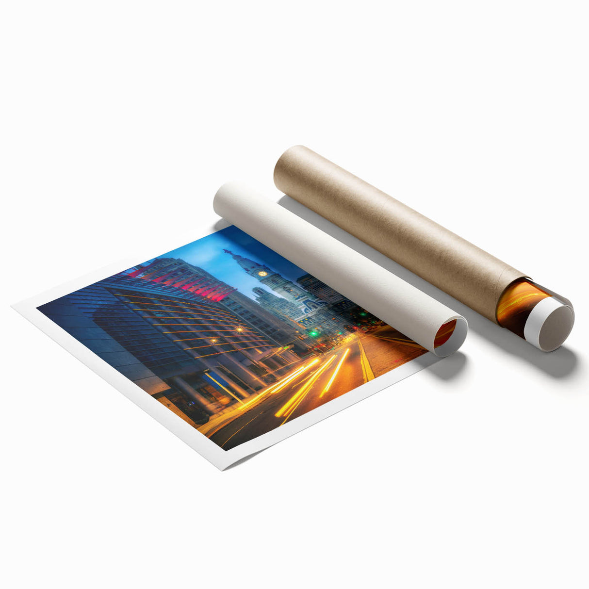 Rolled print of Philadelphia skyline with muted blue and gray tones, ideal for classy bathroom wall art.