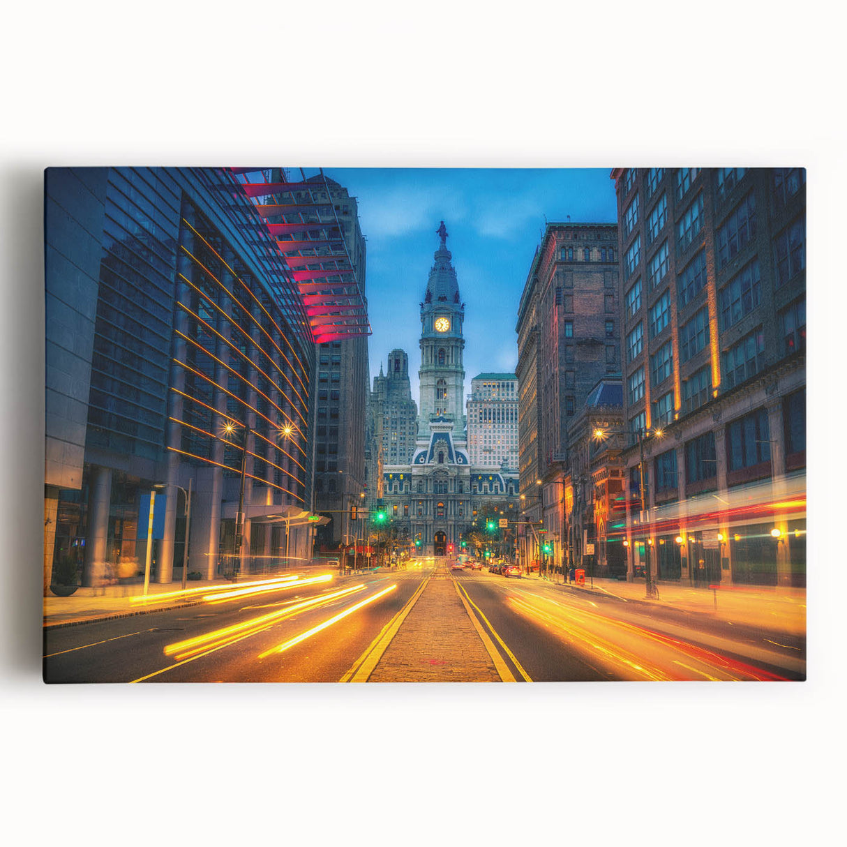 Black and white photograph of Philadelphia skyline on large stretched canvas, suitable for kitchen wall art.