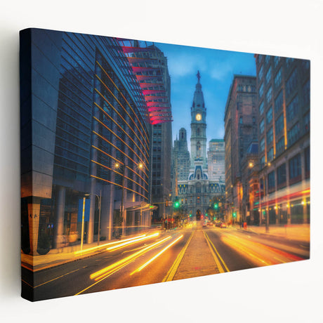 Philadelphia skyline in muted gray and blue tones on a large stretched canvas, ideal for kitchen wall art.