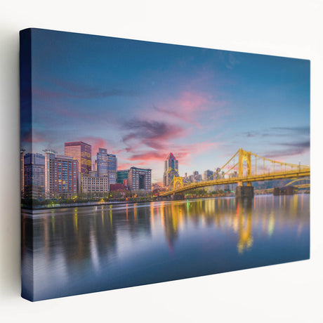 Panoramic view of Pittsburgh skyline in muted gray tones on stretched canvas, suitable for kitchen wall art.