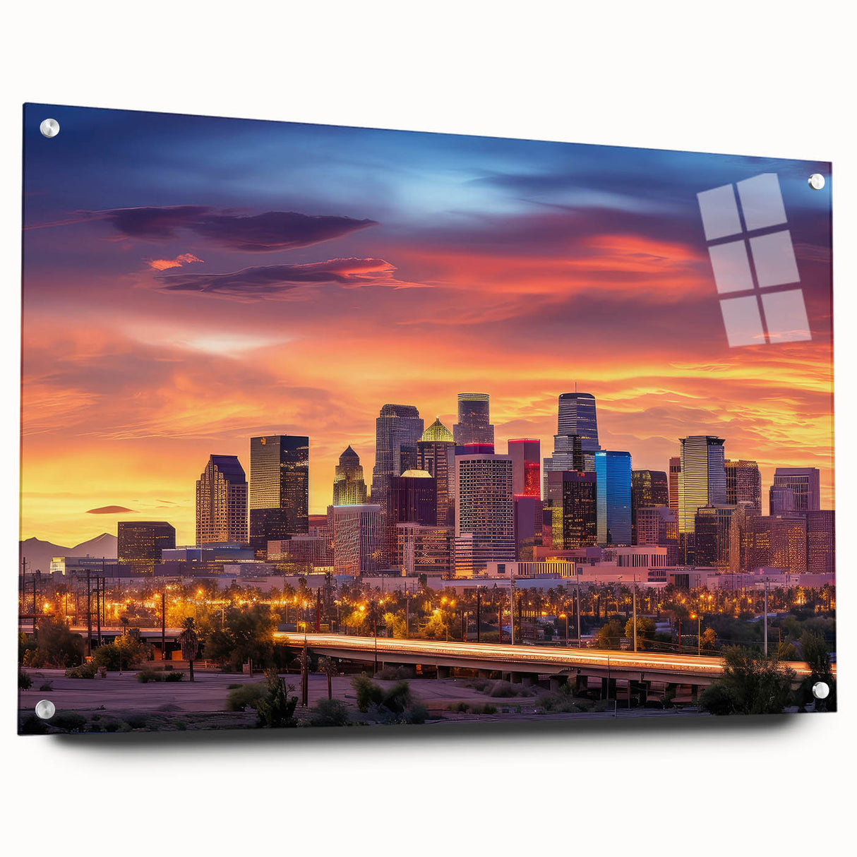 Large abstract depiction of Phoenix Valley in muted orange and brown tones on acrylic glass.