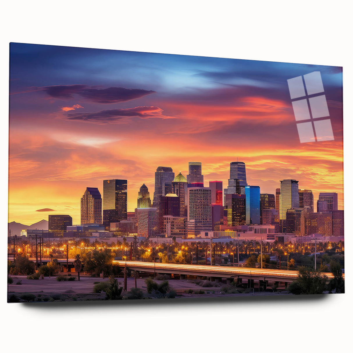 Large abstract depiction of the Phoenix Valley on acrylic glass, in soft earth tones.